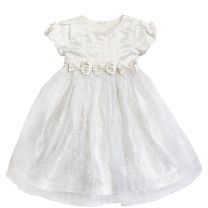 Infant Girls Flower Girls Special Occasion Three Bow Shantung Dress with Eyelet Overlay and Headband