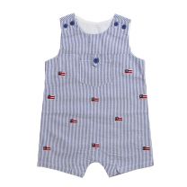 Newborn/Infant Boys July 4th Navy Seersucker Shortall with Flag Embroideries