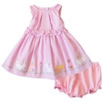 Newborn/Infant Girls Pink Seersucker Dress With Bunny Appliques and Matching Panty