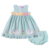 Newborn/Infant Girls Turquoise Seersucker Easter Dress with Bunny Applique