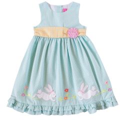 Toddler thru 4/6X Girls Turquoise Seersucker Dress With Bunny Applique